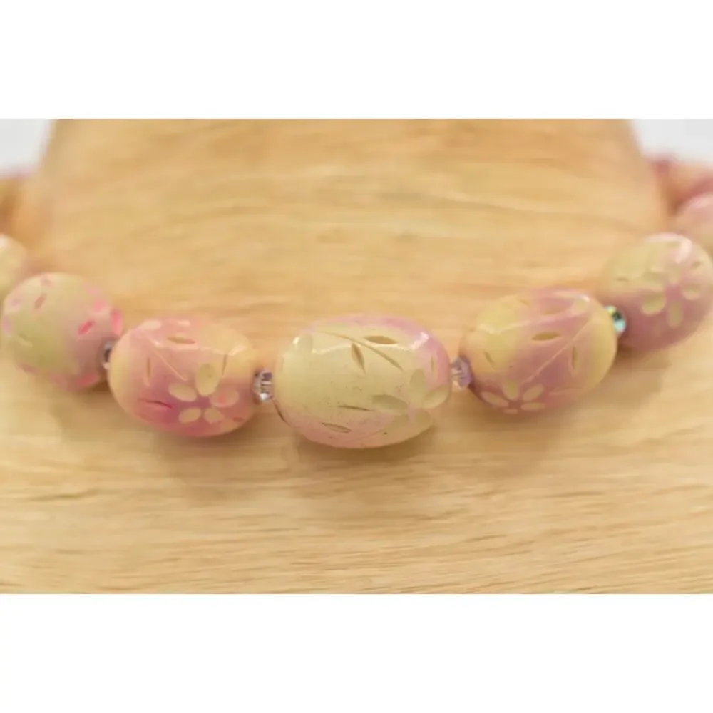 Vintage Flower Carved Beaded Choker Collar Necklace Egg Pink AB Crystal BinBD